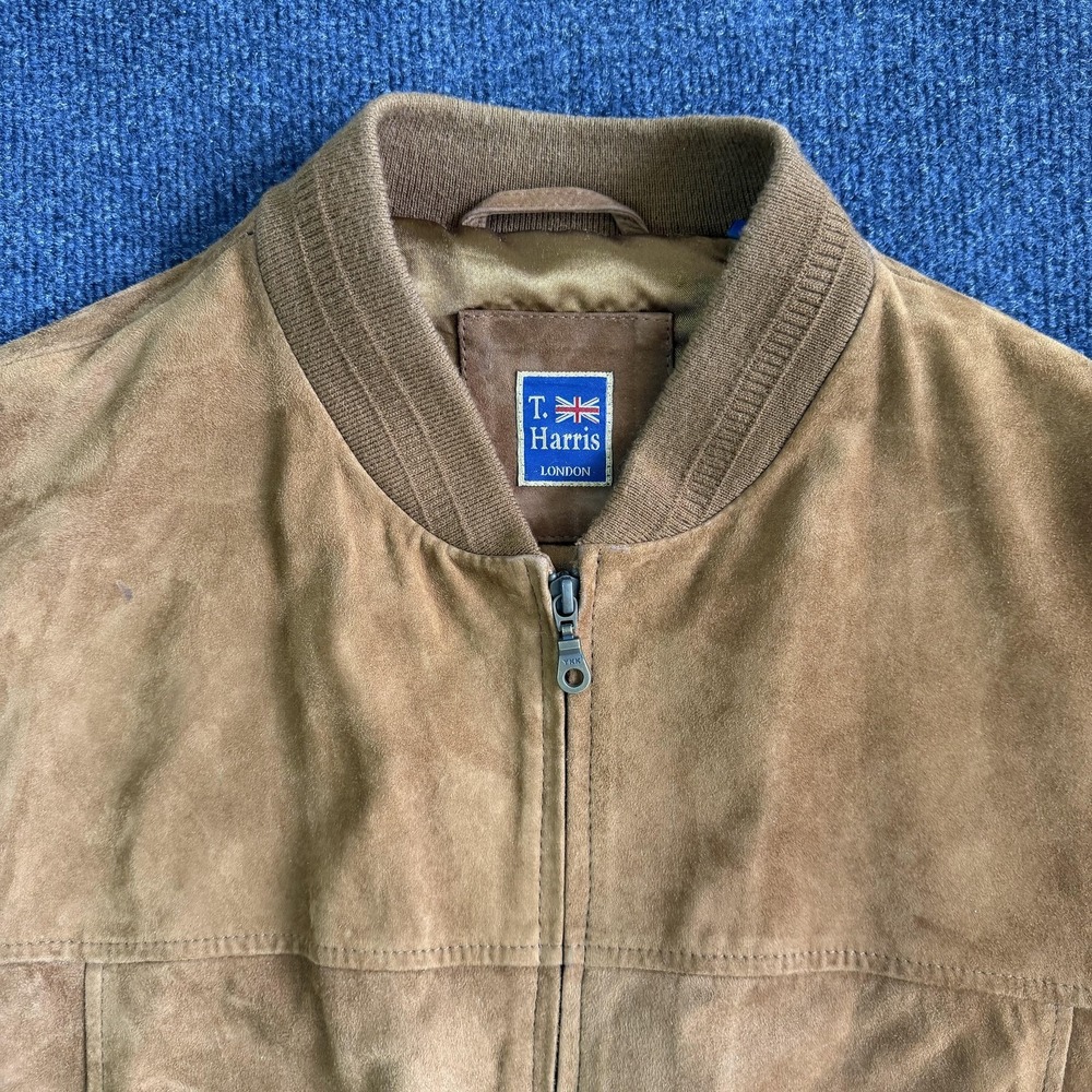 T. Harris Jacket Mens XL Brown Suede Bomber Full Zip Lined Ribbed Hem Pockets